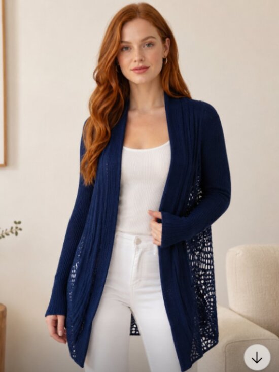 Unbranded Sweaters - Navy Blue Open Front Knit Cardigan S Shawl Collar Crochet Back Boho Romantic